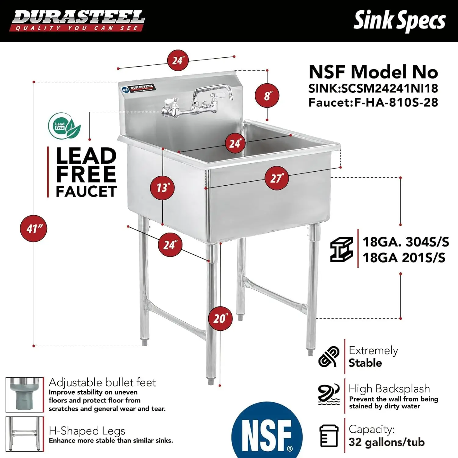 Stainless Steel Utility Sink - 24