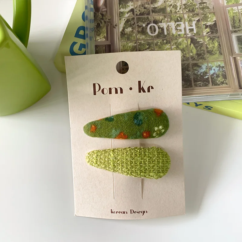 2pcs New Green Handmade Embroidered Fabric Flower Hair Clip for Girls Cute College Girl Plaid Hairpin Fashion Hair Accessories