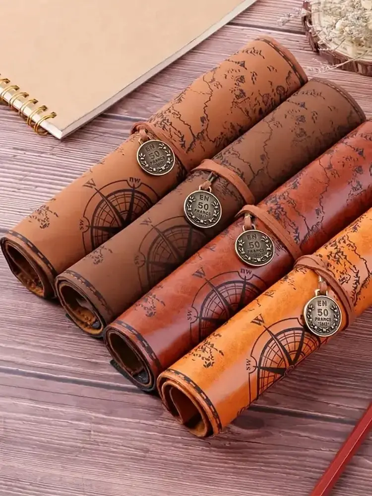 

1PC Creative Treasure Map Retro Pencil Case Leather Large Capacity Roll Pencil Bag Embossed Buckle Simple Stationery Box Roll Po