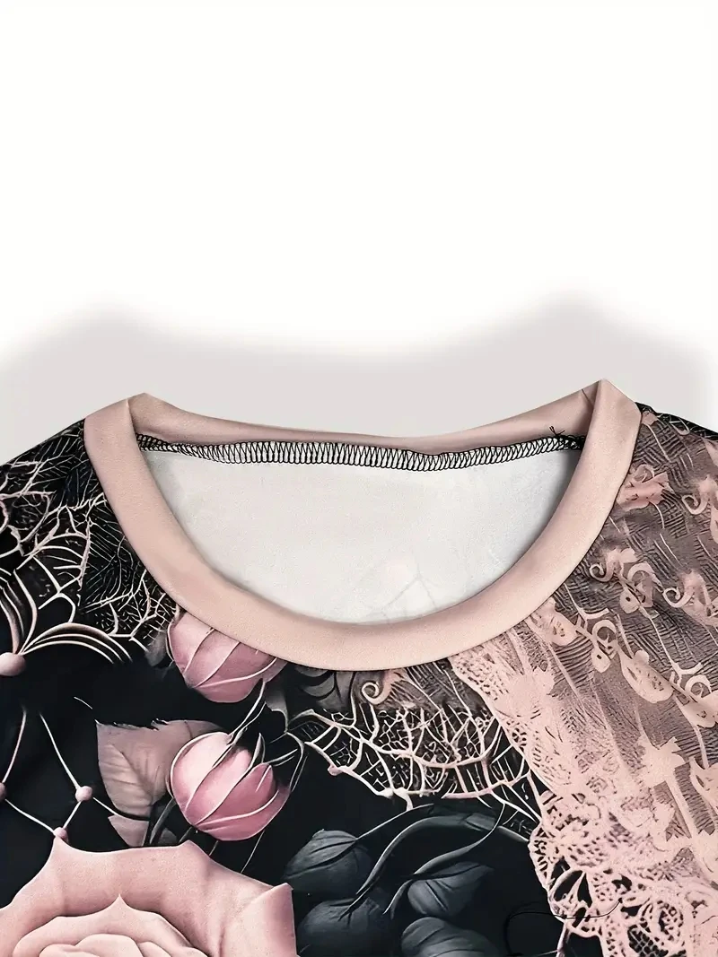 تي شيرت نسائي بأكمام قصيرة مطبوع عليه جمجمة وأزهار ثلاثية الأبعاد مقاس كبير، فضفاض وكاجوال، ناعم ومريح ومسامي، رياضي خارجي