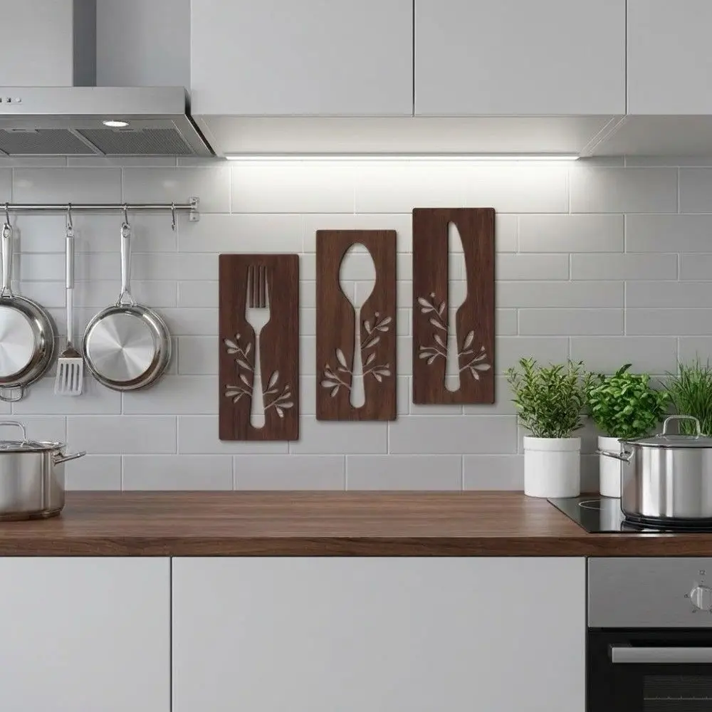 3pcs Fork Kitchen Utensil Wooden Ornament Hollow Out Decorative Wall Sticker Hangings Spoon Rustic Style