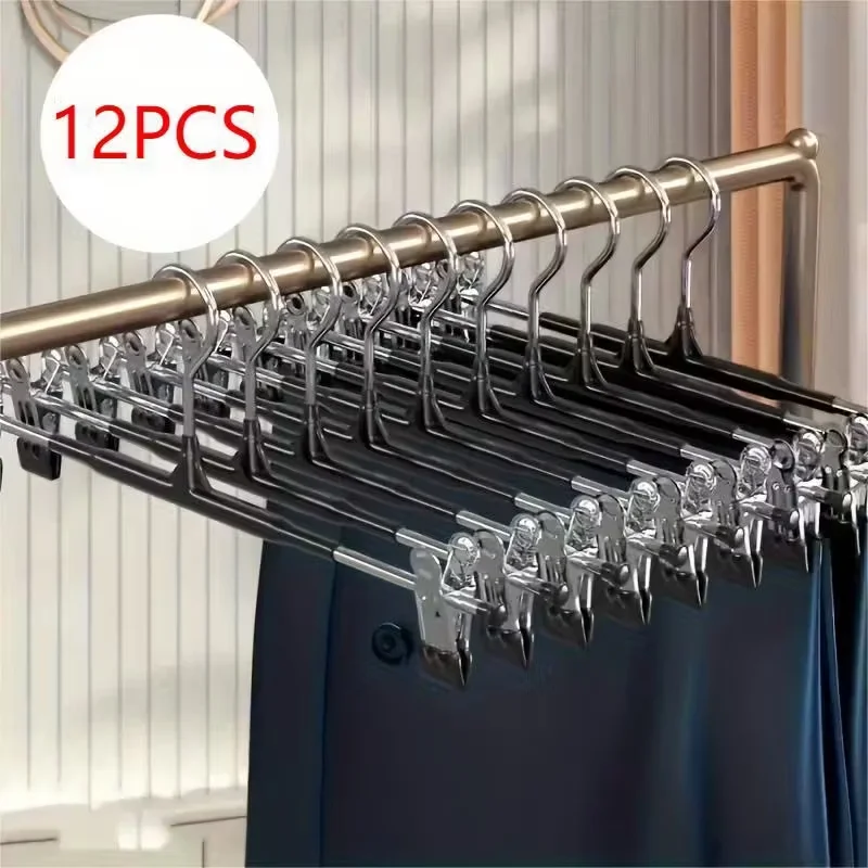 12 Pack Clip Hangers for Pants & Skirts,Heavy Duty Metal Non-Slip Garment Hangers,Adjustable Trouser Hangers for Wardrobe Closet