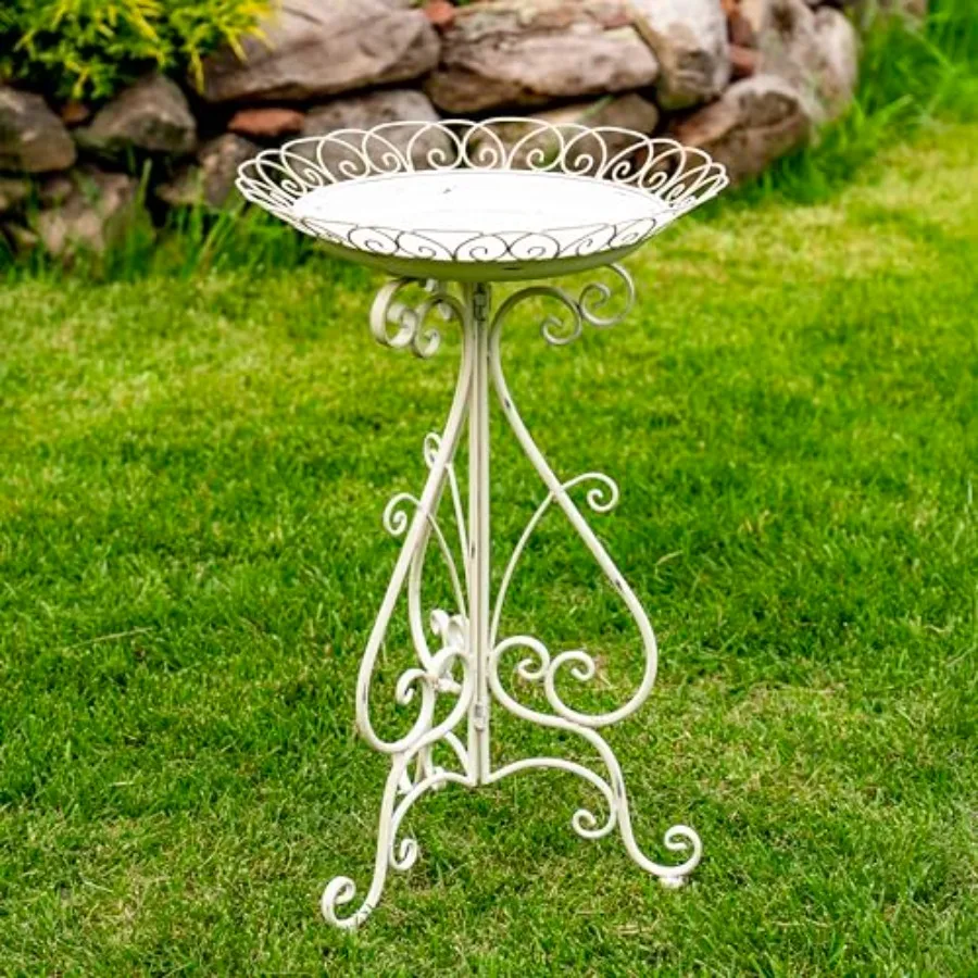 

Metal Bird Bath with Folding Stand for Indoor/Outdoor Use, Antique White Finish, Durable Metal Construction, 28 Inch Tall