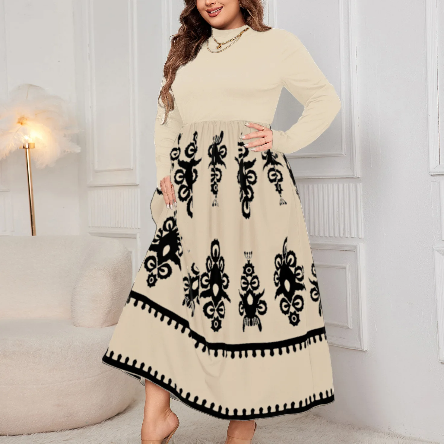 Plus Size Autumn Long Sleeve Dress Women Geometric Print Fashion Ruffle Pleated Ladies Dresses Loose Casual Woman Long Dress