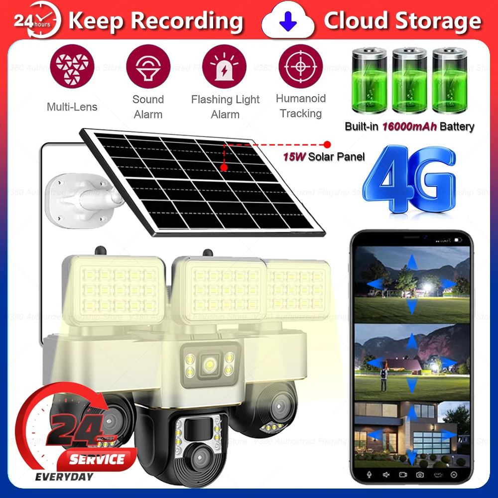 

4G-камеры на солнечных батареях с уличным светодиодным фонарем, умная камера для домашней безопасности, удаленное управление с телефона, PTZ-видеонаблюдение, IP-мониторинг