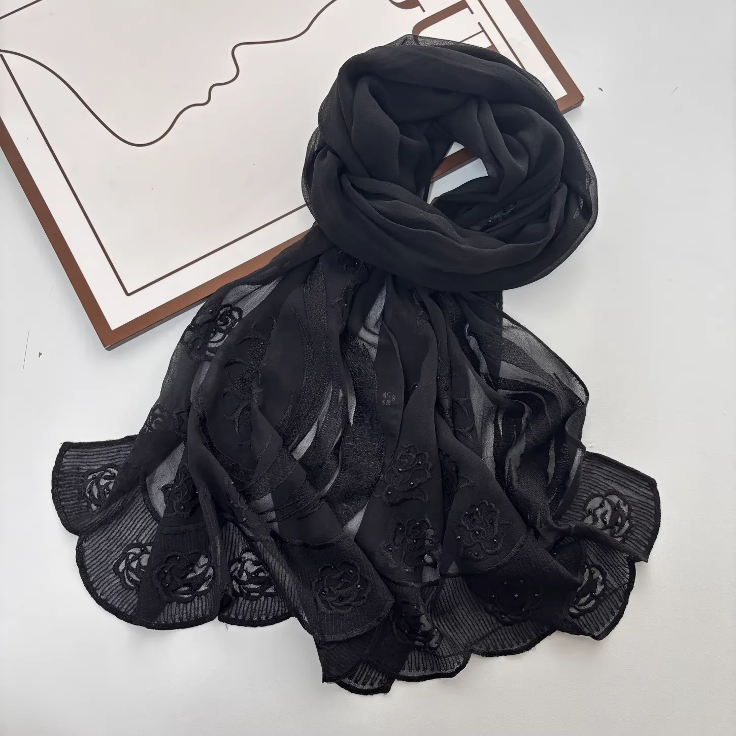 

100% Silk Headscarf for Woman Accesories Pure Silk Rose Flower Embroidered Black Neck Scarves Ladies Elegant Headscarf