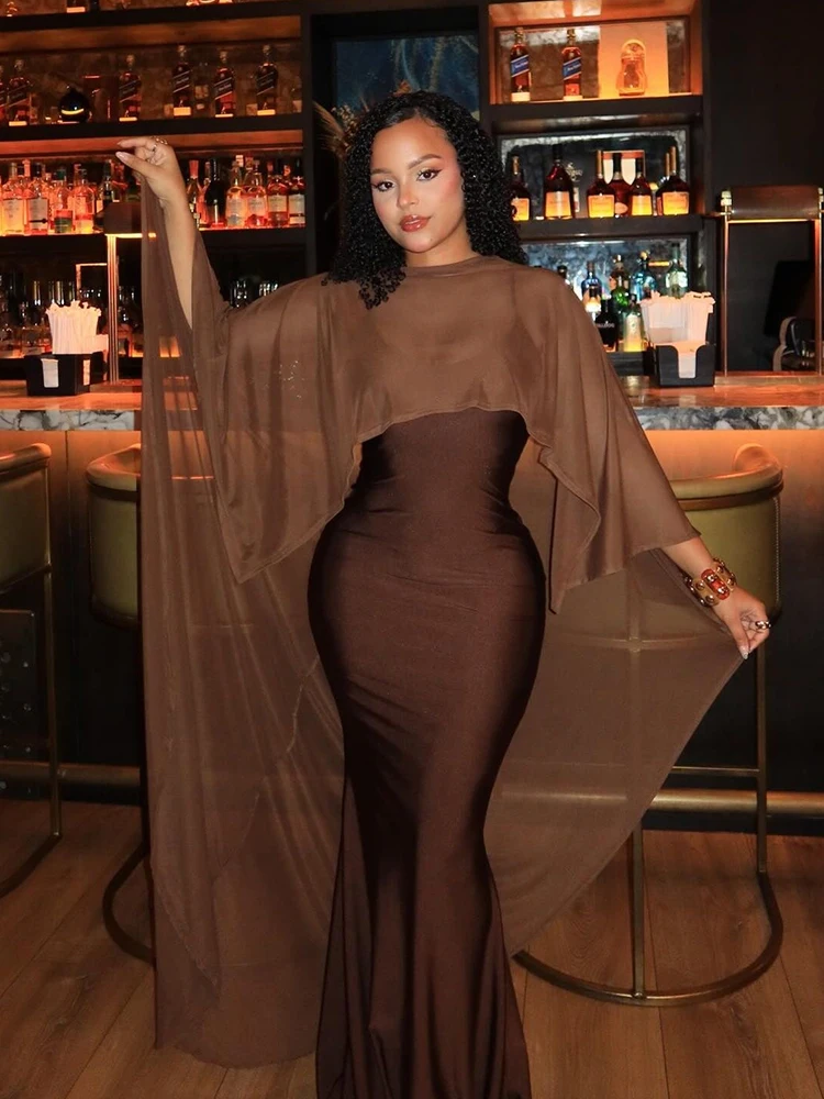 Kliou Sexy Fashion 2 Piece Set Woman Mesh Extended Shawl+Low-Neck Sleeveless Skinny High Waist Sling Vestidos Elegant Dress Suit