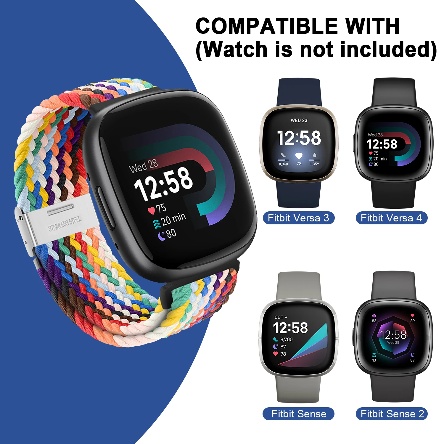 Braided Bands Compatible with Fitbit Sense 2/1 /Versa 4/3 Fitbit Bands with Adjustable Metal Lock