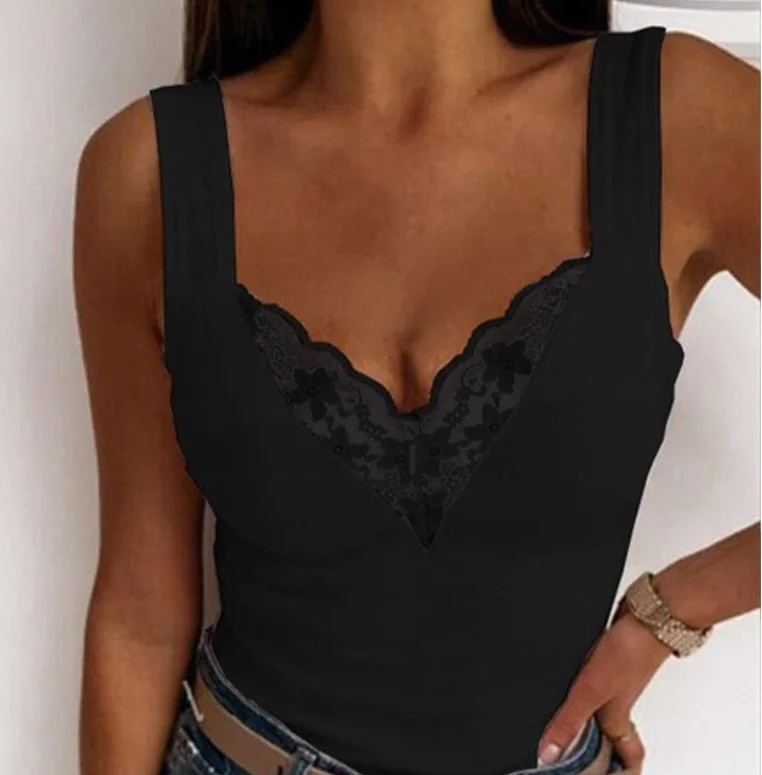 Sexy Lace Tank Tops Women V-Neck Top T-Shirt For Women Casual Hollow Out Basic Camisole Female Perspective Tanks