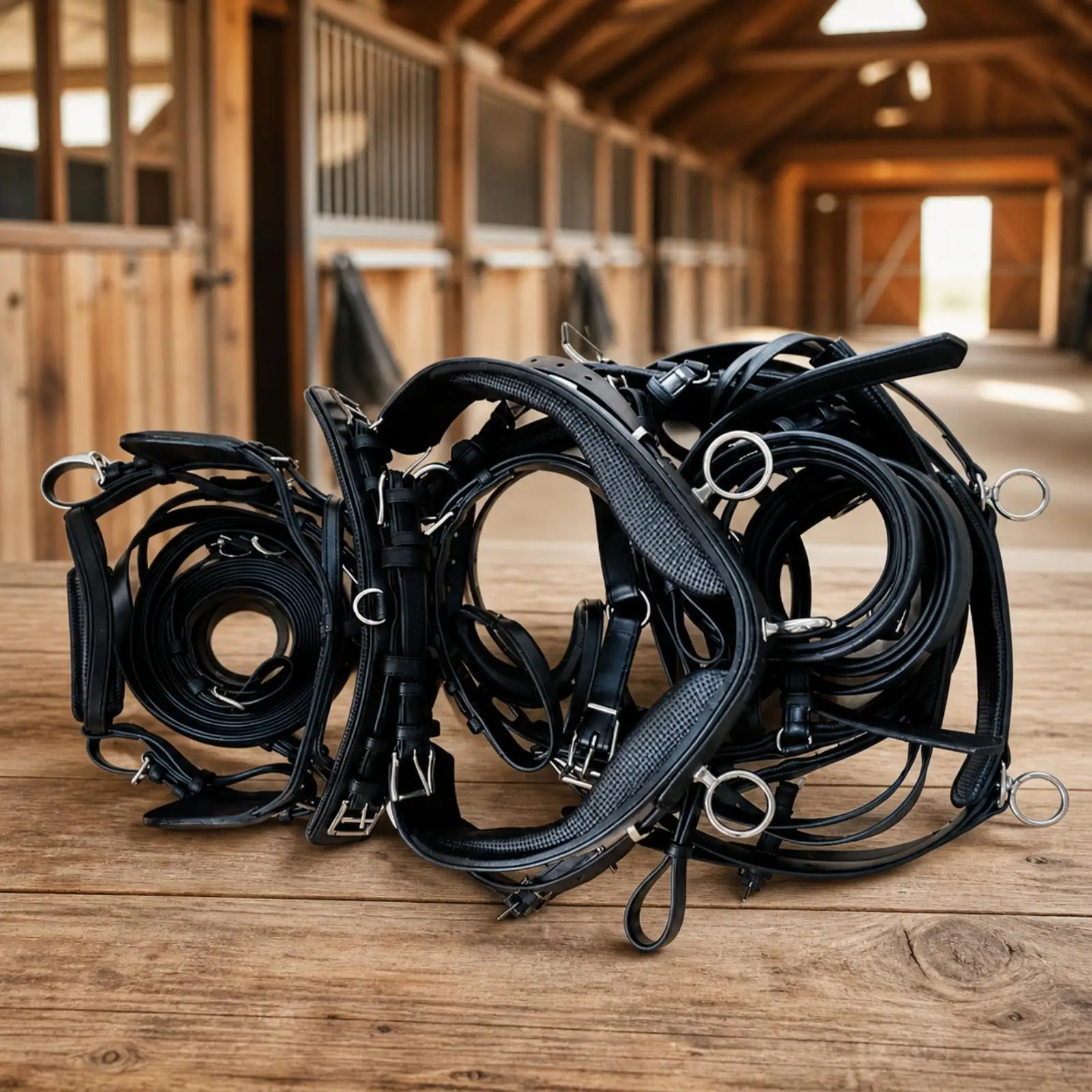 Heavy Duty Horse Harness Bridle Set for Draft Work with Adjustable Straps and Reins