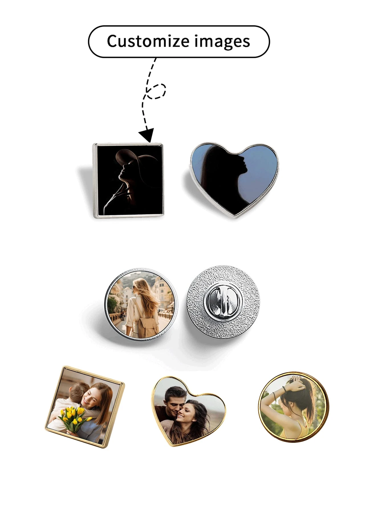 دبوس بروش معدني ذهبي/فضي مخصص - دائري، قلب، مربع، منقوش، هدية أنيقة لها، له، الأصدقاء، الأسرة، صغير #1