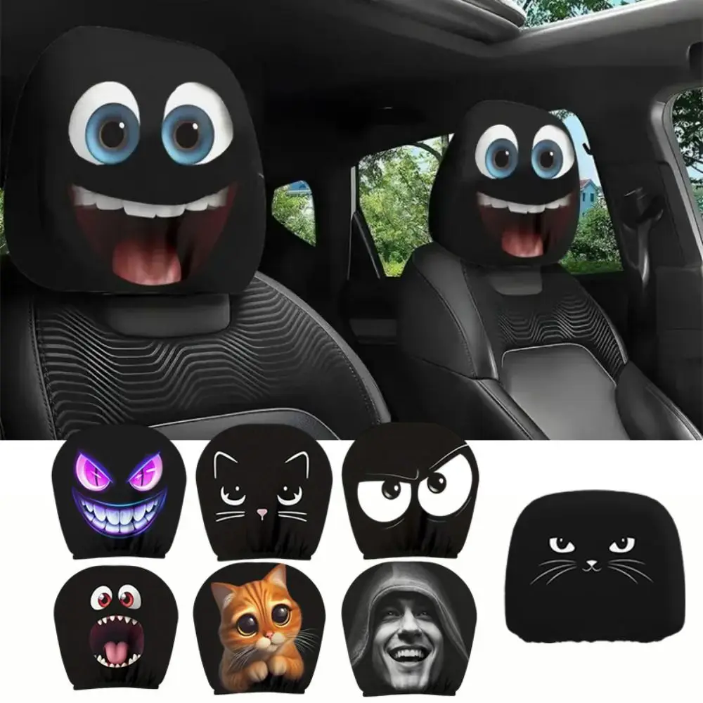2Pcs Cartoon Car Headrest Covers Exaggerated Funny Face Expressions Car Pillowcase Cool Decorations Washable Car Seat Headcover