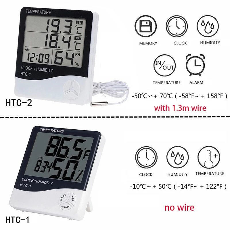 LCD Electronic Digital Temperaturer Hygrometer Humidity Meter  Indoor Outdoor Thermometer Weather Station Clock HTC-1 HTC-2