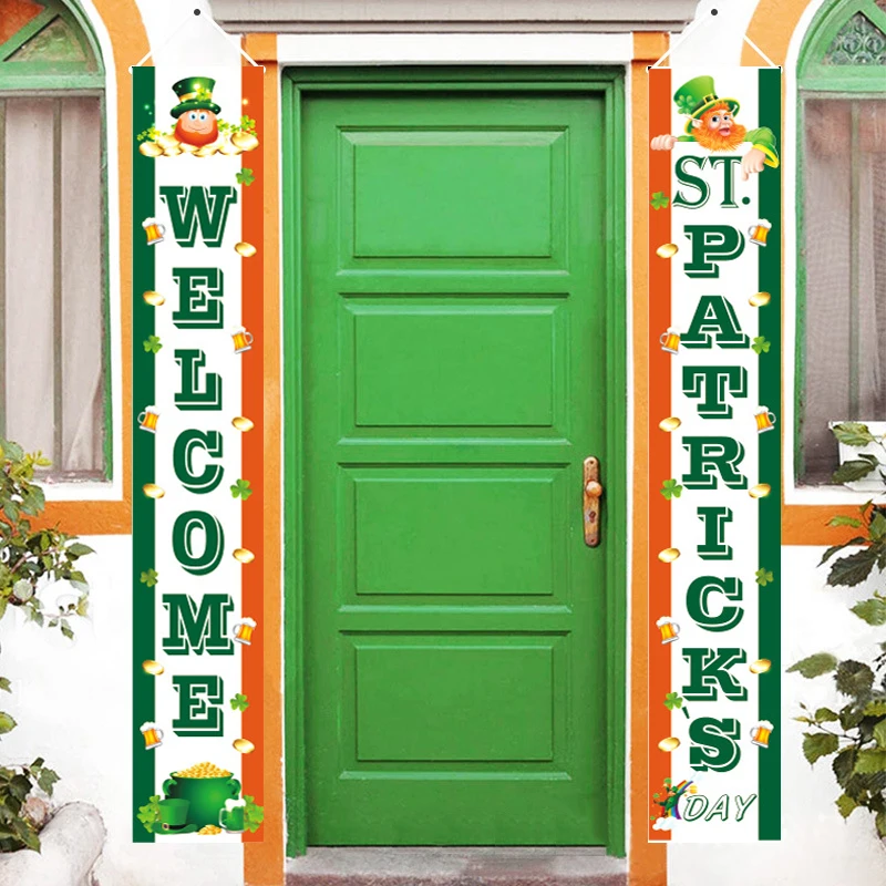 Happy St.Patrick’s Day Flag Porch Hanging Banner 1 Pair Gold Coin Clover Digital Printed Polyester Tapestry Holiday Party Decor