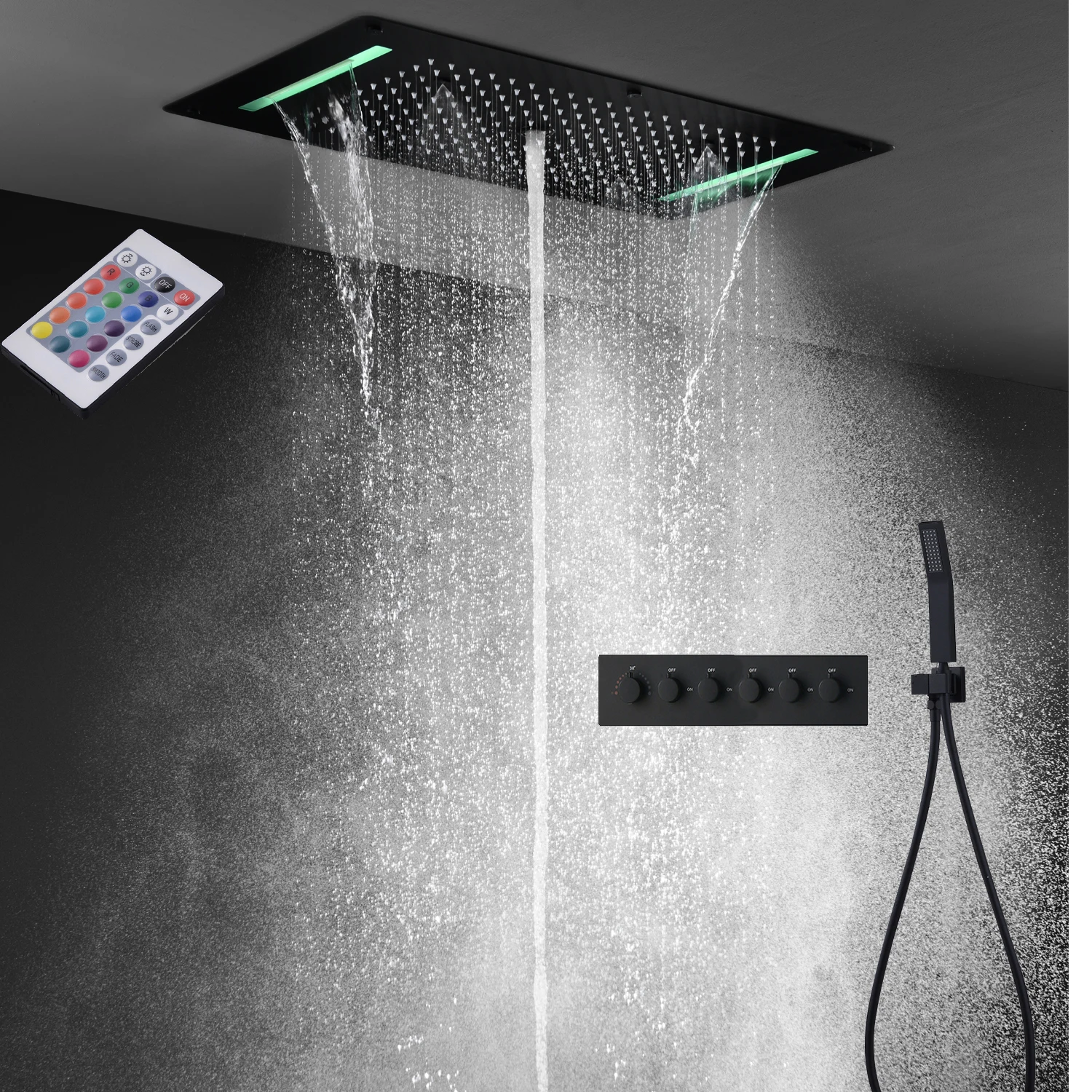 hm High Quality Black LED Shower System Set 700×380MM Ceiling Waterfall Rainfall Shower Head Bathroom Thermostatic Mixer Faucets