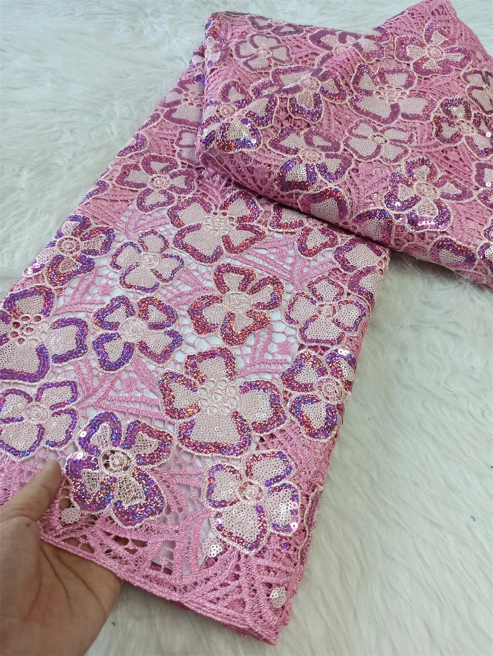 

2025 High Quality African Nigerian Embroidery Lace Fabric Tulle Wedding Party Dress Guipure Water Soluble Sequins 5Yards JH0079