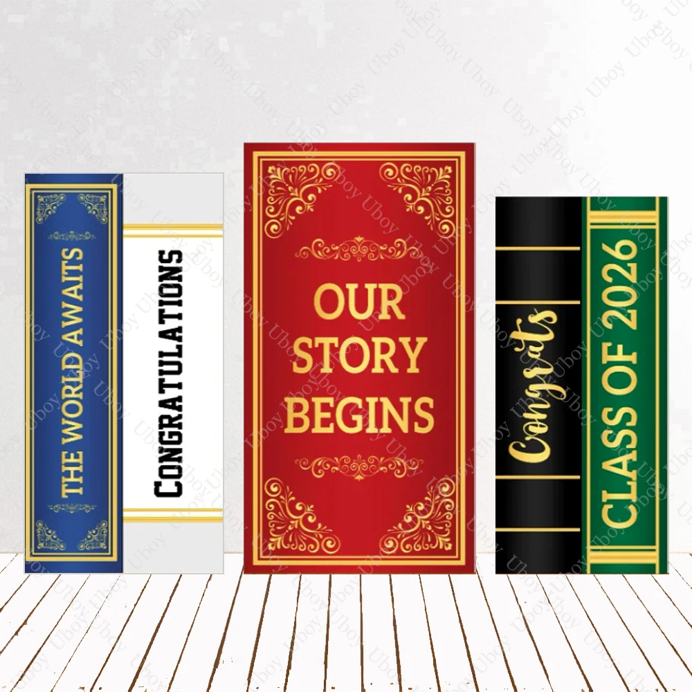 Congratulation Graduation Party Rectangular Backdrop Cover Class Of 2026 Vintage Book Style Library Theme Background 2-sided
