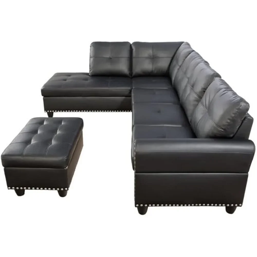 Living Room Sofa, L-Shape PU Leather Sectional Couch Set with Storage, Chaise, Ottoman, 2 Cup Holders & 2 Toss Pillow, Black