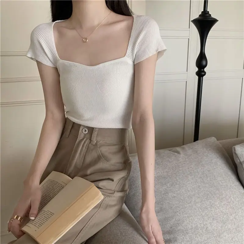 T-shirt a maniche corte donna Vintage Gentle Square Collar Cropped Tops Summer Slim Young Fashion Sexy All-match maglieria elegante