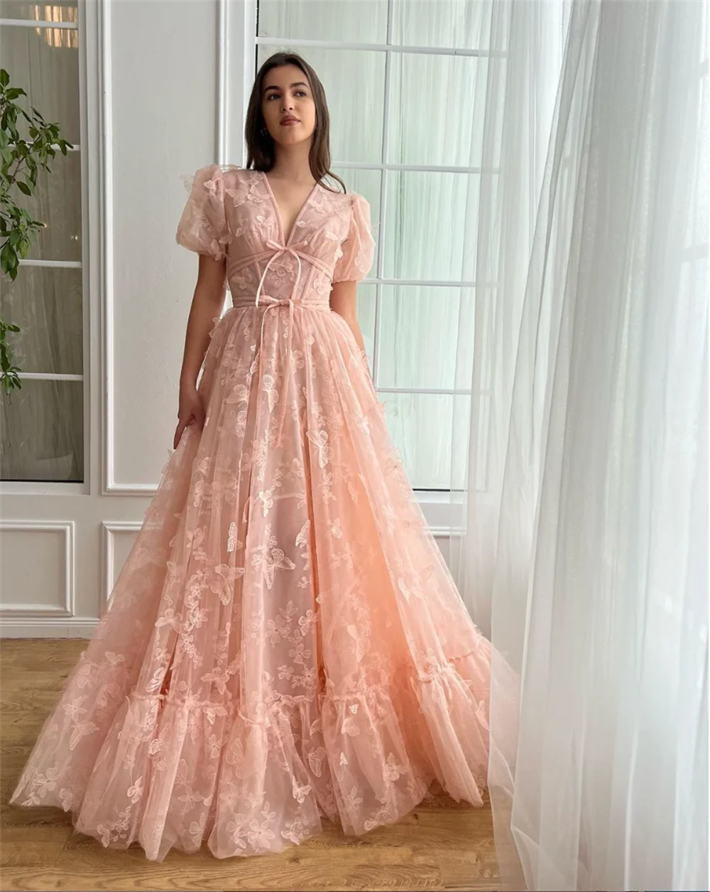 Jessica Pink Sweet 3D Flowers Prom Dresses Tulle A-shaped Fairy Wedding Evening Dresses Formal Party Dresses Vestidos De Noche