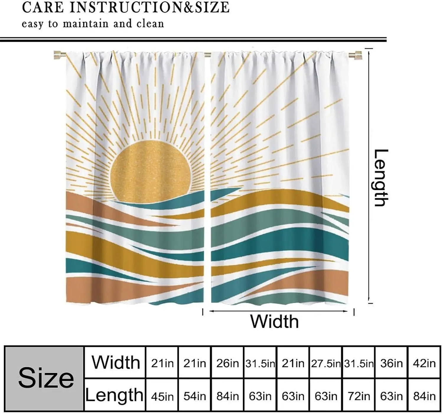 Boho Coastal Sunset Curtains Drapes Light Filtering Window Decor Wave Pattern Beach Tropical Nautical Yellow Blue Modern Sheer C