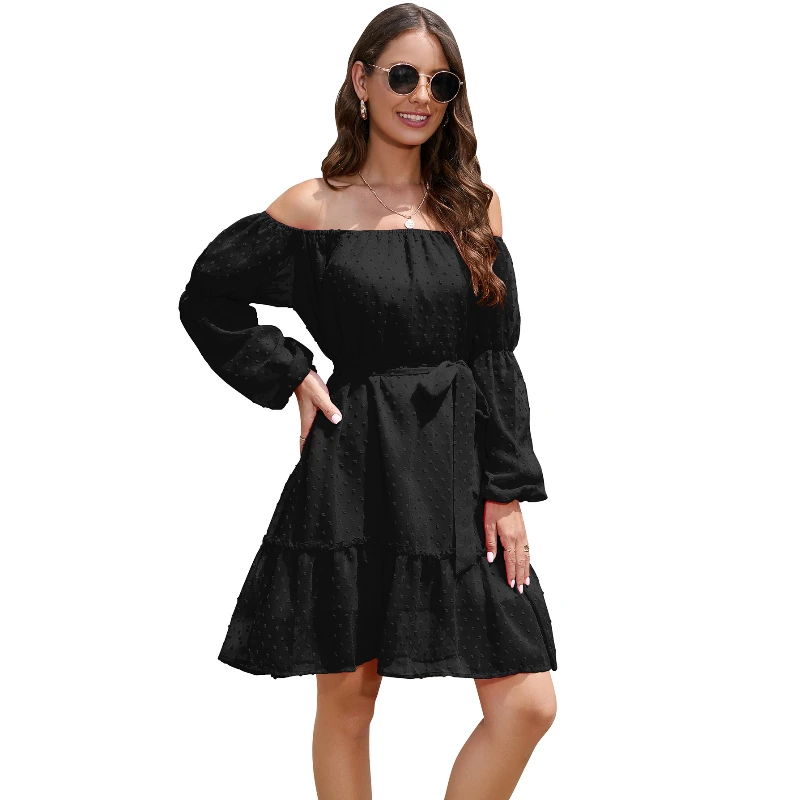 Explosive Casual Hot Selling Loose One Shoulder Wool Ball Chiffon Belt Dress