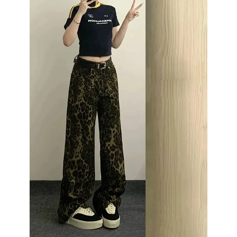

Ladies New Retro Fashion Temperament Leopard Design Jeans Women's Spring New Loose Wide-Leg American Drape Straight Casual Jeans