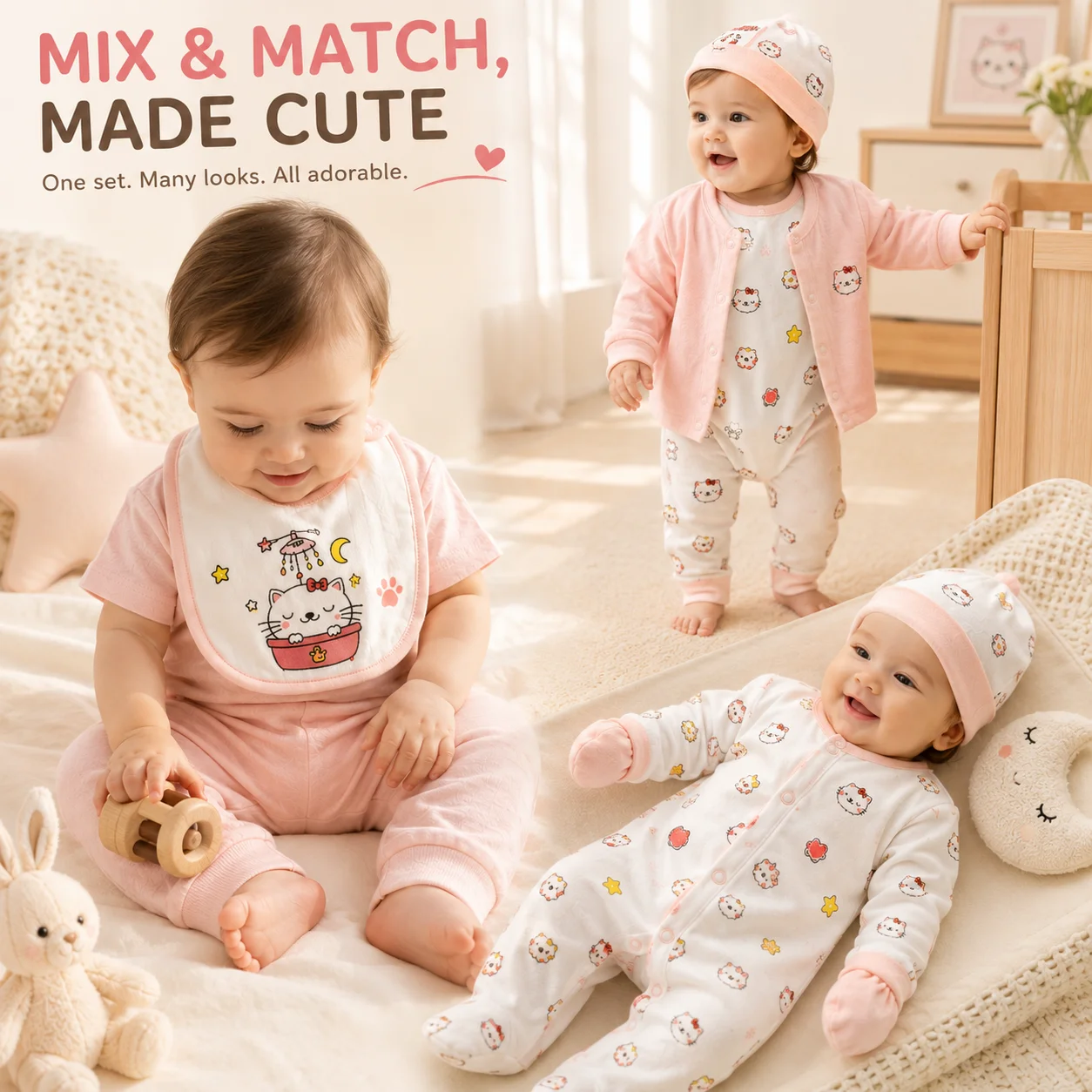 8Pcs Baby Girl Clothes Set 100% Cotton Cute Cat Bodysuit Romper Pants Bib Hat Mittens Newborn Infant Outfit 0-6M