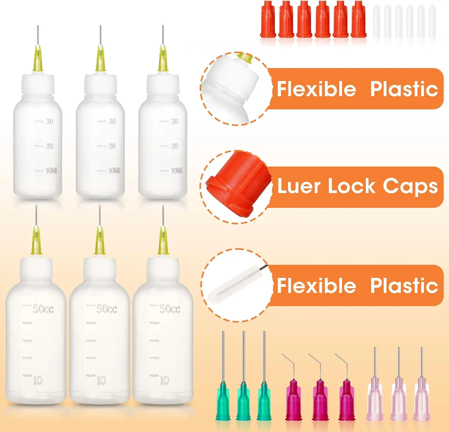 Precision Needle-Tip Squeeze Bottle Set, 6-Pack (30ml and 50ml), Includes Blunt-Tip Dispensing Needles, Luer Lock Dispensing Bottles for Glue, Paint, Oil, and Crafts view 2