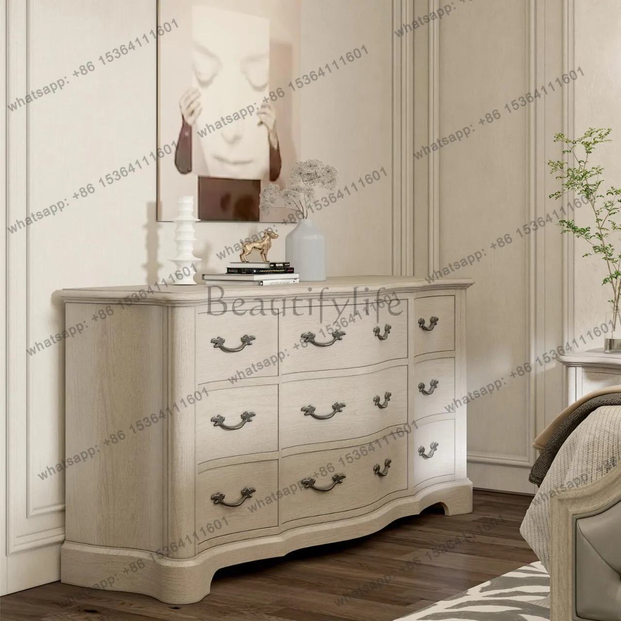 jj5  Best Seller North American Series Nine-bucket Cabinet American Solid Wood Retro Athens White Old Bedroom Six-bucket Storage