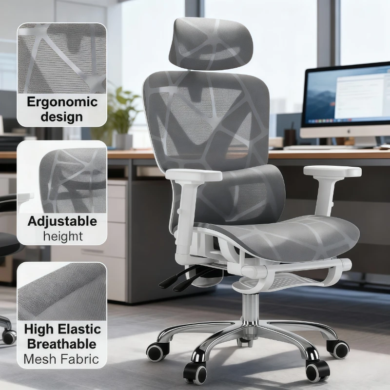 Ergonomiczne krzesło biurowe z siatki, krzesło komputerowe, fotel gamingowy, regulowana wysokość, podparcie lędźwiowe, zagłówek, obrotowe, do domowego biura