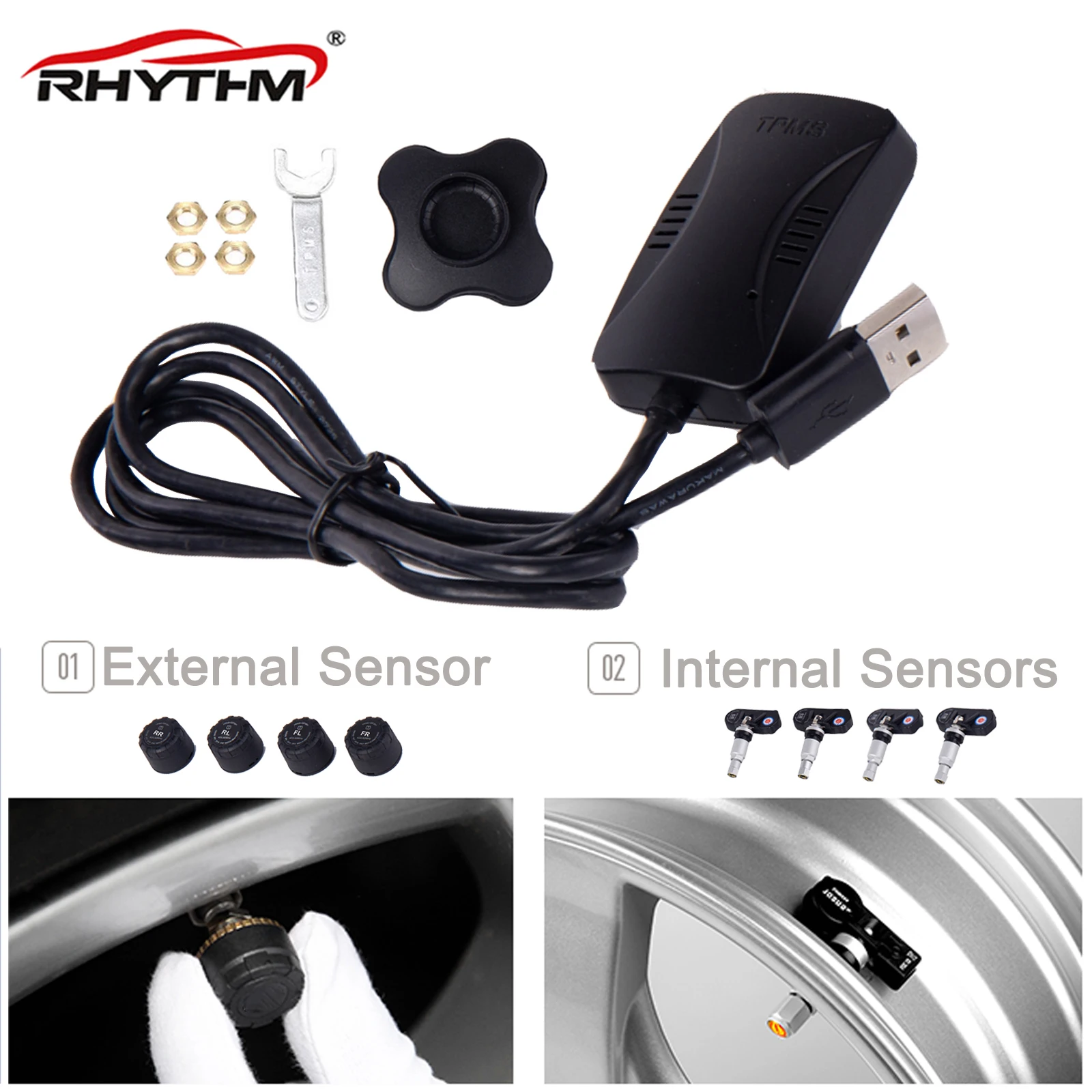 Car TPMS Security Alarm Fit Android 6.0 and Above Systems Sensor In and Ex Tire Pressure Monitoring Tire Pessure Alarm