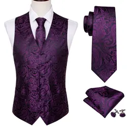4PC Mens Vest Party Wedding Purple Paisley Solid Floral Waistcoat Vest Pocket Square Tie Slim Suit Set Barry.Wang BM-2020