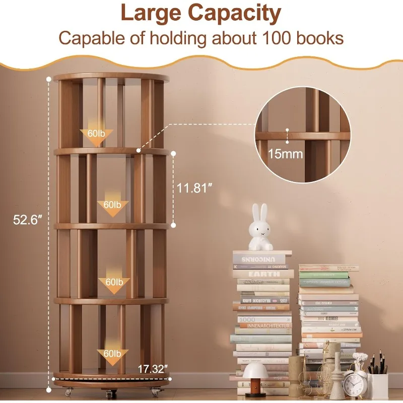 Solid Wood Rotating Bookshelf with Brake Wheels, 360°Display 4 Tier Floor Stackable Spinning Bookshelf Tower for Kids&Adults