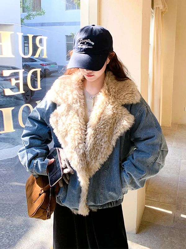 여성용 양털 칼라 데님 다운 재킷 따뜻한 패션 캐주얼 루즈핏 화이트 다운 아우터웨어 코트