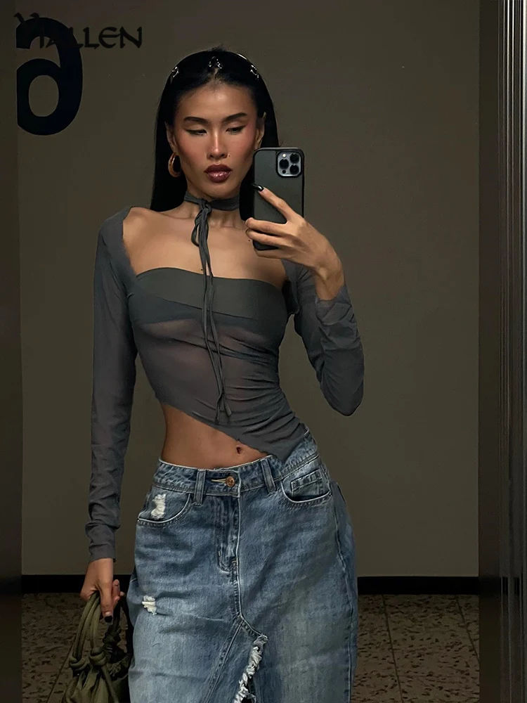 

Nibber, новый летний модный топ, женская сексуальная перспективная сетчатая марлевая футболка с длинным рукавом и квадратным вырезом, уличная повседневная одежда, хит продаж