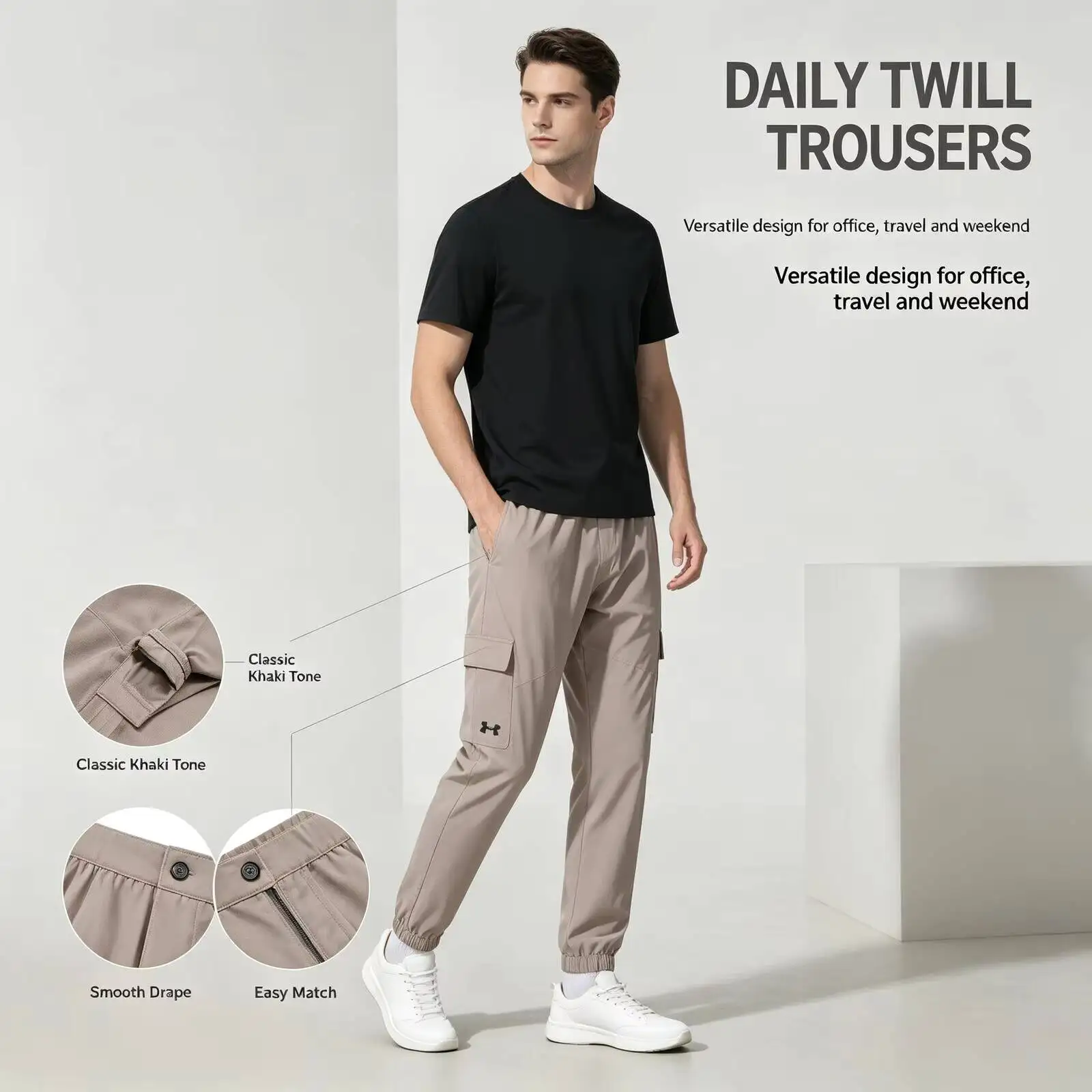 New Under Armour Men's Khaki Chino Pants, Slim Tapered Fit Twill Trousers, Casual Smart Pants for Office Travel Daily Streetwear