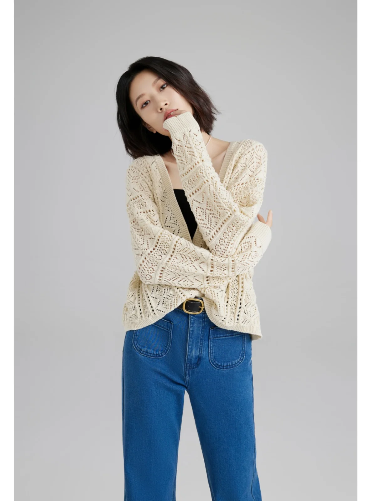 

Женский вязаный кардиган IUMOON с глубоким V-образным вырезом, свободного кроя, осенний, новый, однотонный, универсальный верхний предмет одежды