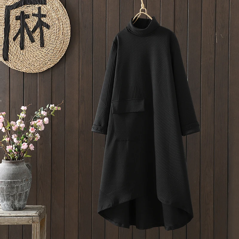 NYFS 2025 خريف شتاء جديد كوريا فساتين امرأة فضفاضة Vestidos رداء Ete فام Elbise الياقة المدورة كم طويل غير النظامية فستان طويل