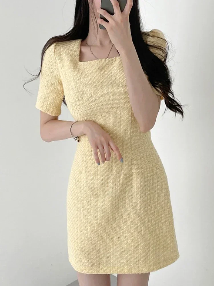 Onalippa Small Fragrance Tweed Mini Dress Square Collar Short Sleeves High Waist A Line Dresses Korean Chic Sweet Vestidos Women