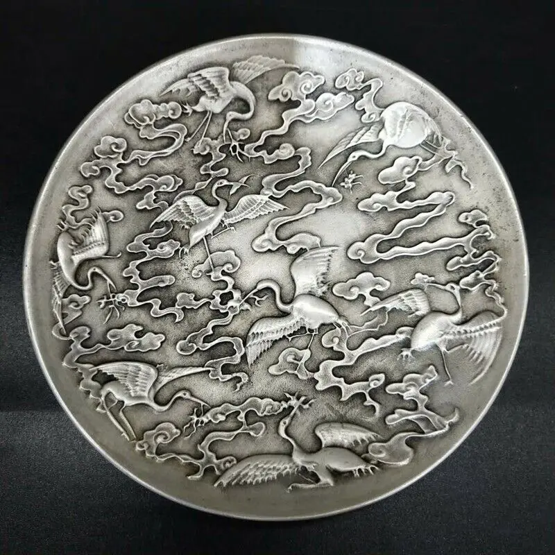 

Old Chinese Tibet Silver Handcarved Crane Pattern Plate