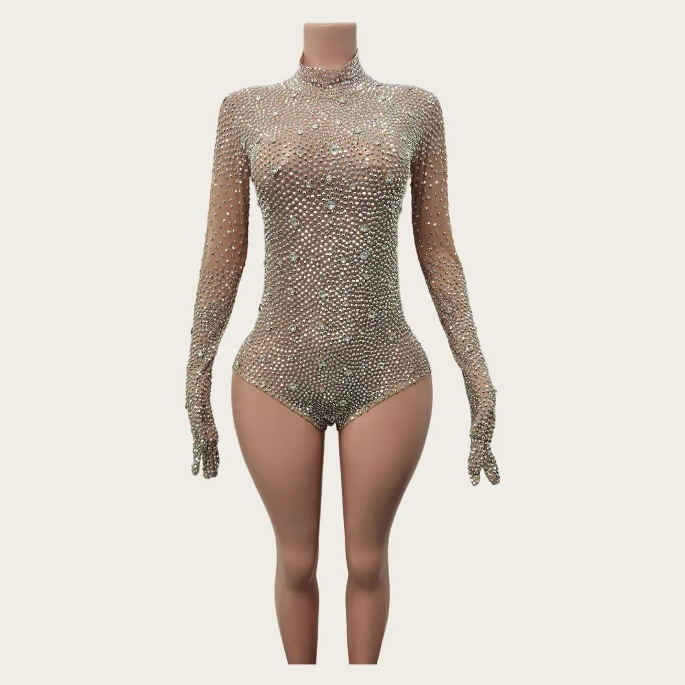 Vestidos Fashion Crystals Shiny Bodysuit Sexy Birthday Party Costume Stage Show Jumpsuits Nightclub Prom Long Sleeve Bodysuits