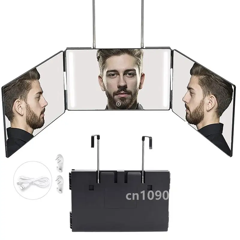 3 Way Mirror for Self Hair Cutting 360° Mirror with LED Lights, Trifold Self Haircut Mirror Rechargeable with Height Adjustable