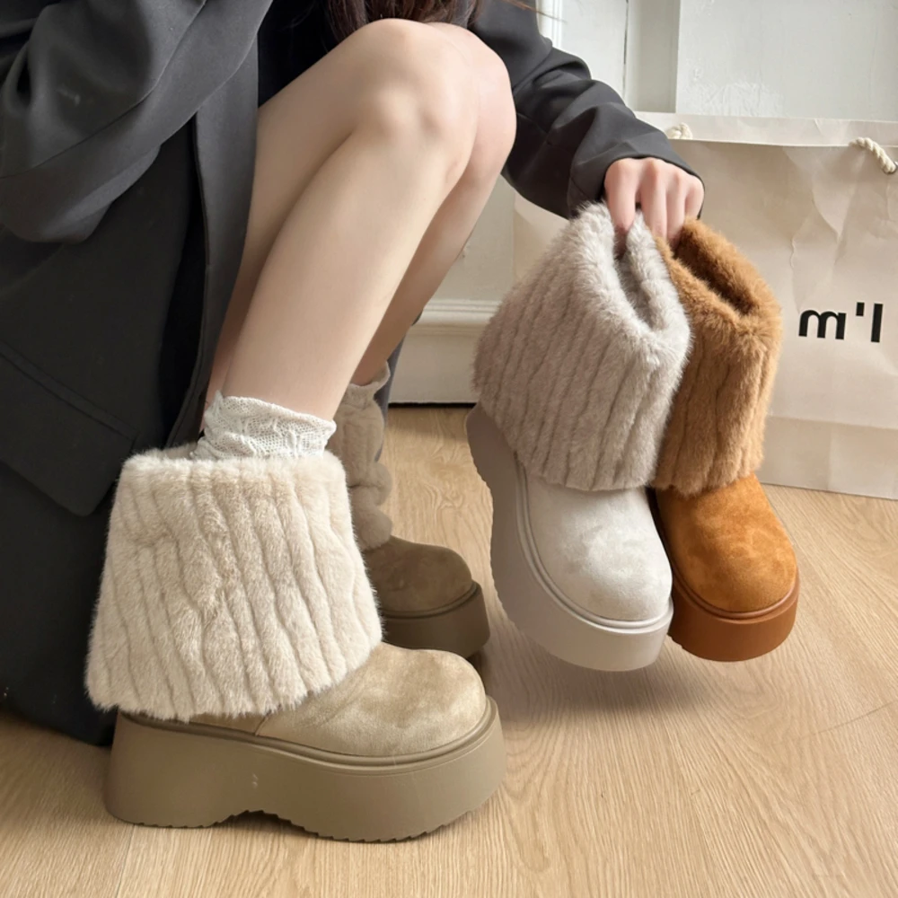 

Warm Furry Snow Boots Women's Winter Thick Bottom Short Boots Fleece Lined Chunky Heel Korean Style Casual High Top Boots