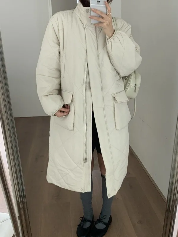 Invierno Aosphere algodón Jaet mujer Faion Stand Collar suelto inserto algodón cálido patrón de diamante abrigo de algodón