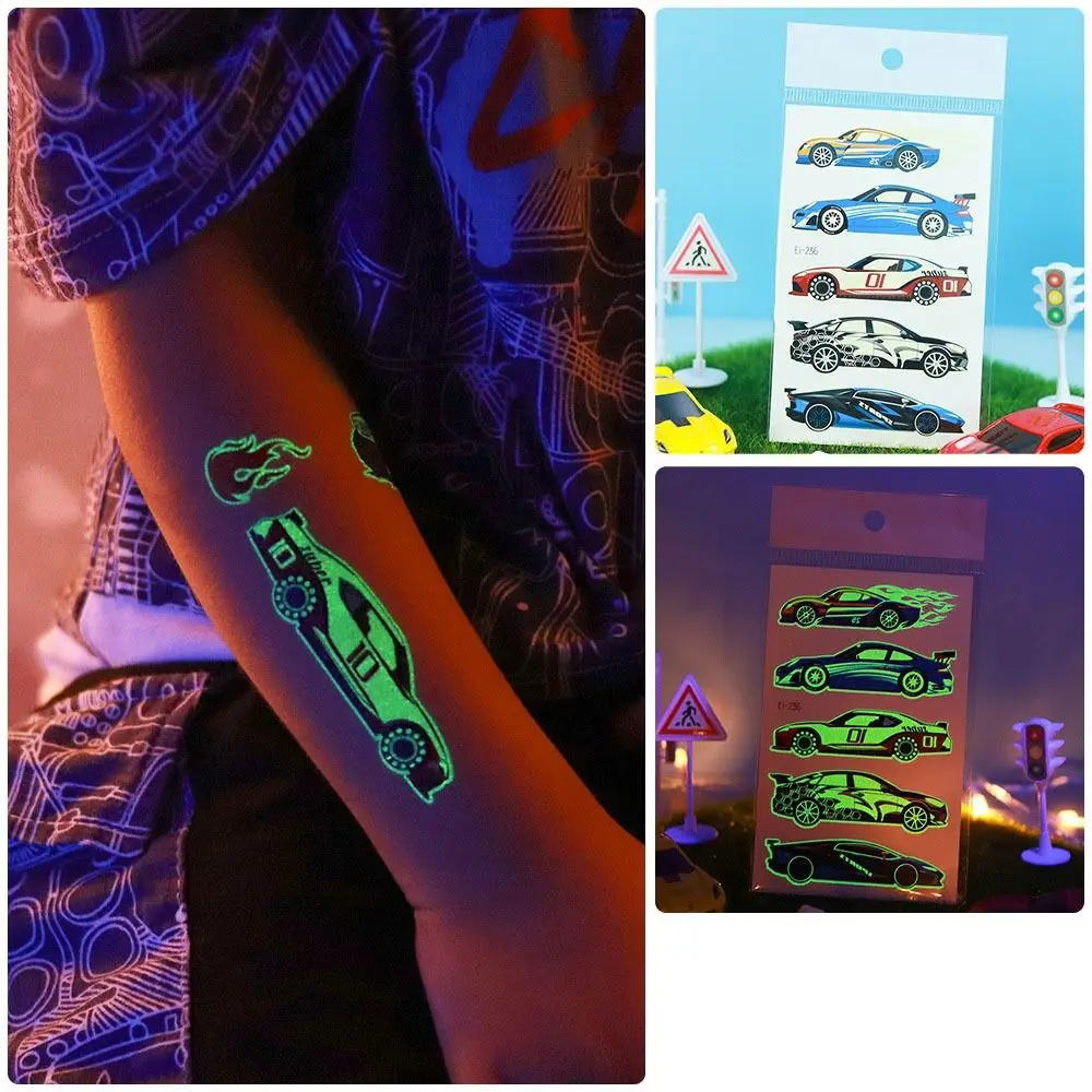 4 Sheets Glow In The Dark Luminous Tattoo Stickers Cool Racing Motorcycle Waterproof Race Car Temporary Tattoo Fake Tattoo