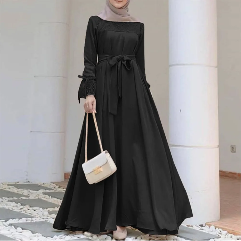Nice Elegant Solid Color Muslim Women's Dress Retro Lace Casual Long Sleeve O-neck Loose Long Dress 2025 Spring Clothing Robe