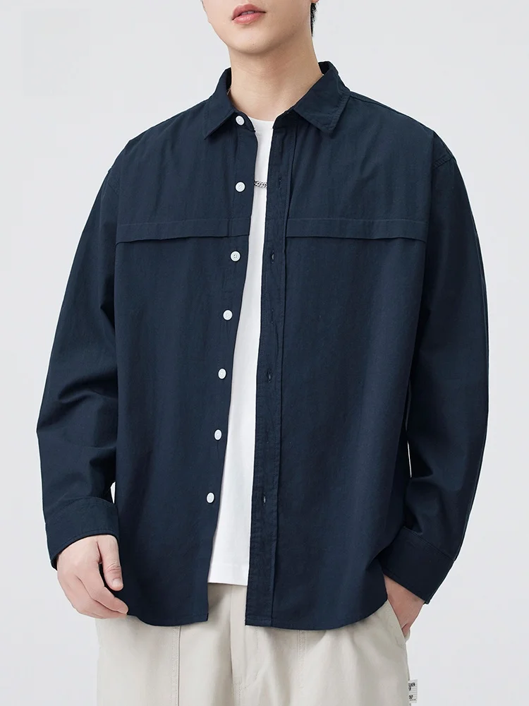 

Мужская повседневная хлопковая рубашка в американском стиле с длинным рукавом, новая модная универсальная модель для весны, дышащая верхняя одежда королевского синего цвета, с эффектом потертости.