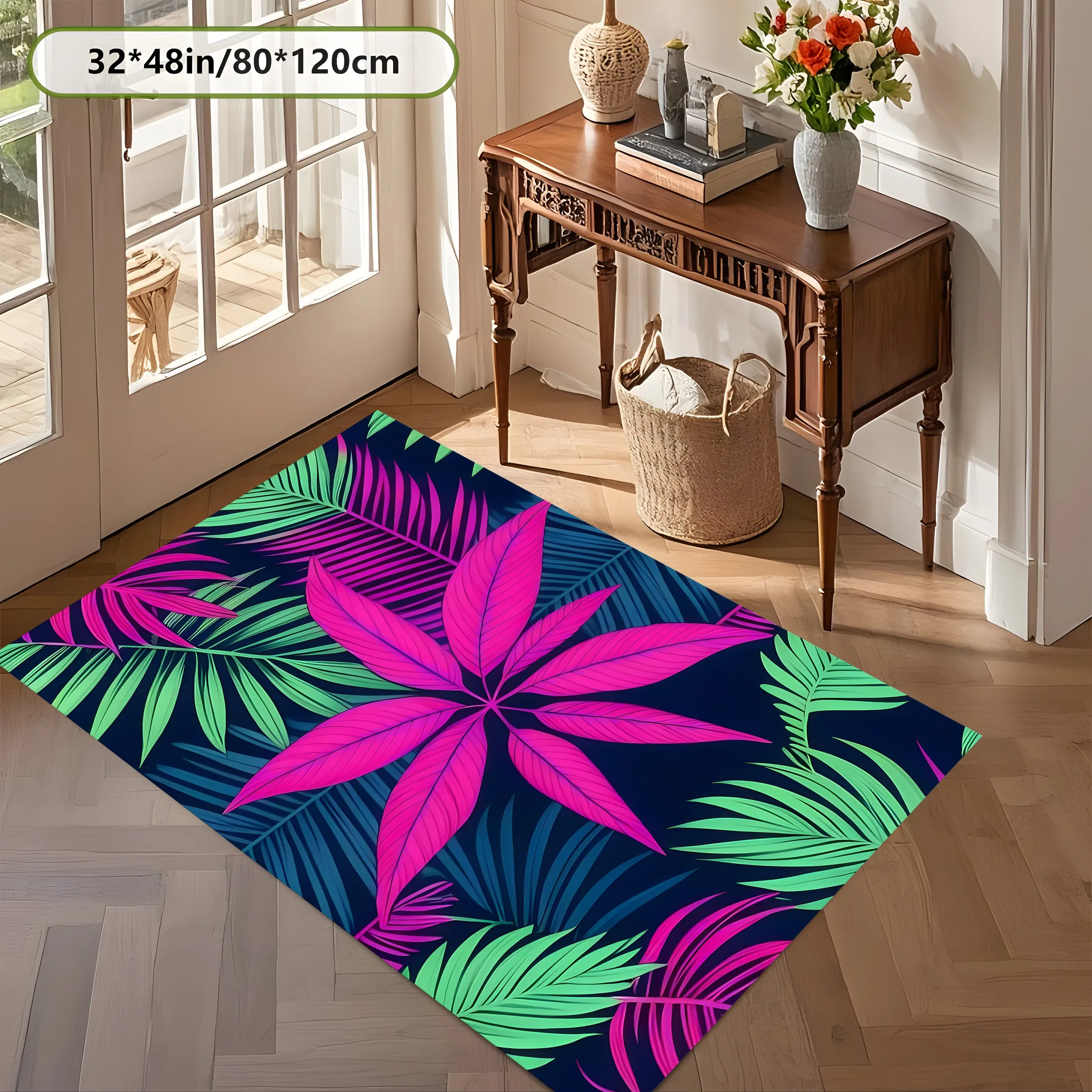 Large Velvet Area Rug with Contrasting Tropical Leaf Print, Soft Living Room Bedroom Entryway Home Decor Area Rug