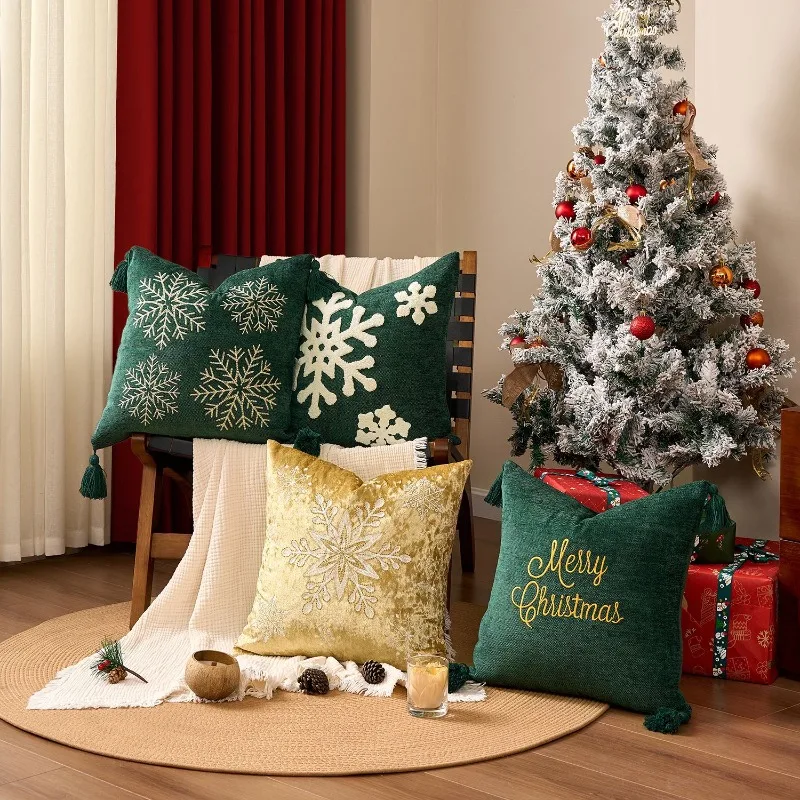 Xmas Snowflake Throw Pillow Cover Snowflake Embroidery Tassel Square Cushion Cover for Holiday Home Sofa Decoration